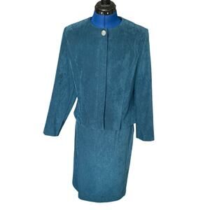 Vintage Leslie Fay Faux Suede Teal Tailored Two Piece Skirt Suit Size 8 Momcore